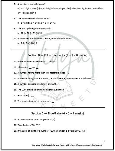 Class 6 Math Worksheet Sample page